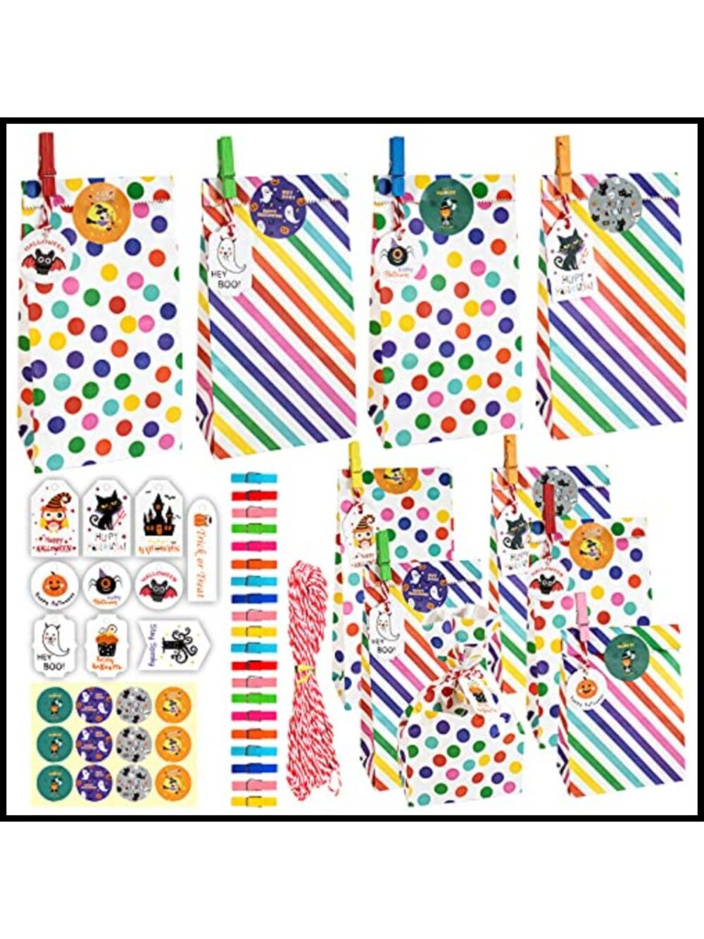 20 Set Striped Polka Dot Candy Bags & Happy Halloween Stickers Gift Bags